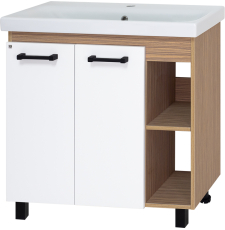 Тумба для умывальника Misty Крафт 80 напольная, 2 дв., полки, белый\зебрано сахара\черный