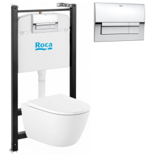 Комплект унитаз с инсталляцией Roca Ona Rimless Active подвесной, с крышкой Slim Soft Close, прям. кнопкой, хром глянец