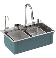 Мойка для кухни Diadonna DS7545-1 75x45 многофункциональная, врезная, со смесителем, аксессуарами, сатин с декором