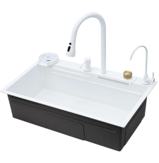 Мойка для кухни Savol S-SC003W 75x46 многофункциональная, врезная, со смесителем, аксессуарами, декор соты, белый