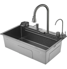 Мойка для кухни Savol S-SC002Q 75x46 многофункциональная, врезная, со смесителем, аксессуарами, декор соты, графит