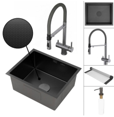 Мойка для кухни Roxen Uno PVD 54x44 560118 многофункциональная, под столешницу, со смесителем, аксессуарами, текстура зерно, графит