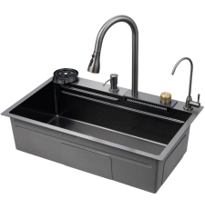 Мойка для кухни Savol S-SC003Q 75x46 многофункциональная, врезная, со смесителем, аксессуарами, декор соты, графит